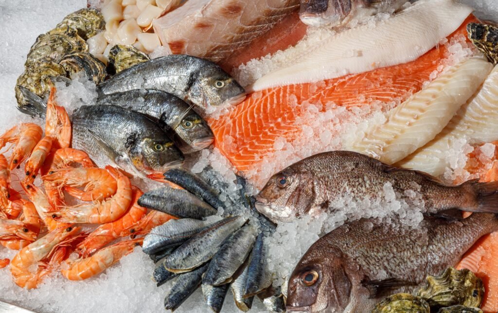 An enticing Fresh Seafood Display, beautifully arranged on ice and showcasing a variety of fish