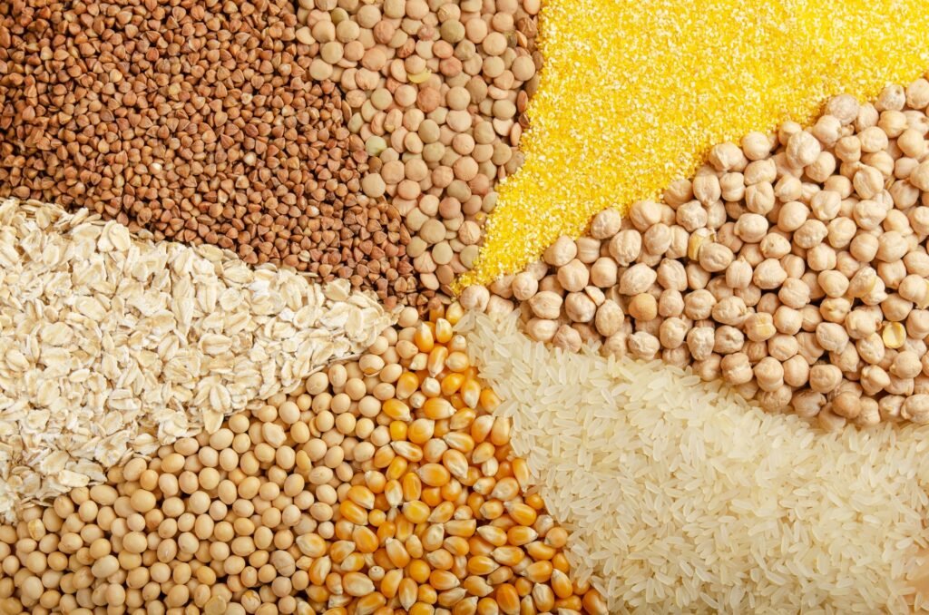 Food background made of legumes cereals and grains. Flat lay