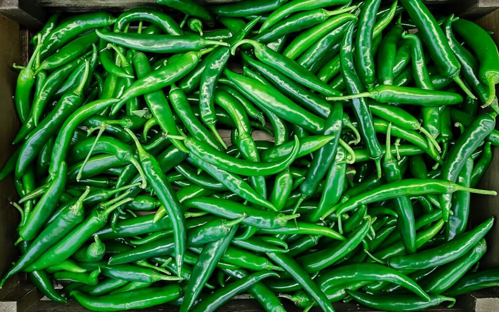 Green chili peppers in box